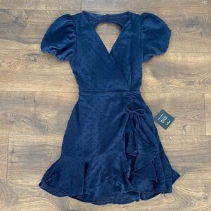 Lulus Much to Celebrate navy blue Swiss dot flutter sleeve wrap mini dress XS
